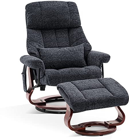 M MCombo Relaxsessel mit Hocker, Drehbare Fernsehsessel mit Liegefunktion, Moderner TV-Sessel Stuhl für Wohnzimmer, mit Kissen & Seitentasche, 9066 (Stoff, Dunkelgrau)