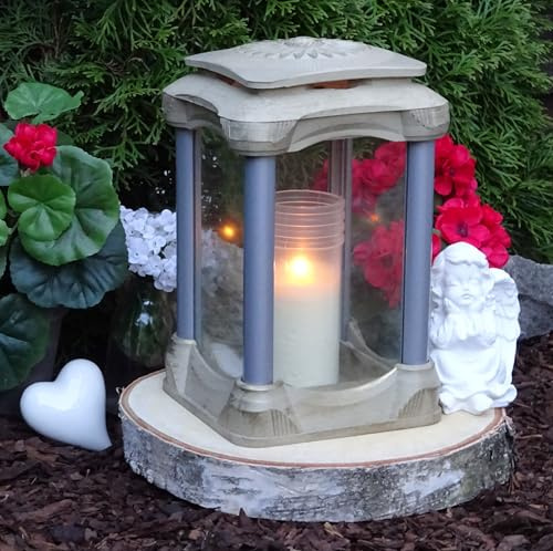 Grablaterne mit Baumscheiben Sockel 36,0 cm inkl.Engel Grabschmuck Set Grablampe Grablicht Kerze Sockel Grableuchte Herz Grabschmuck Lampe Laterne Trauer Liebe Friedhof Garten