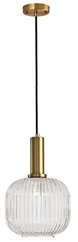 NICRX Lámpara colgante de vidrio transparente con pantalla de vidrio acanalado y acabado en bronce, lámpara colgante de techo retro moderna para mesita de noche, mesa de comedor e isla de cocina (M)