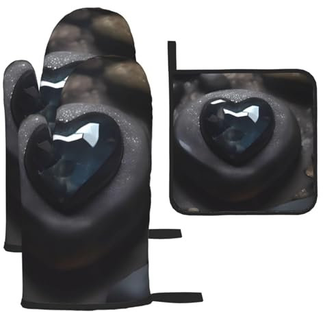 Mysterious Love Stone - Set di 3 guanti e presine antiscottatura per cucina, cottura e grigliata, regalo di Natale per la festa della mamma