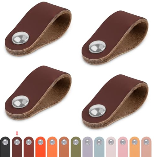 LEREATI Ledergriffe für Möbel 4 Stück Schrankgriffe mit Schrauben Möbelgriffe Vintage Schubladengriff Knöpfe Möbelgriff Kunstleder für Küchenschränke Schränke Bad (Dunkelbraun, für einzelne Löcher)