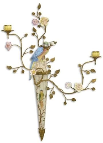Casa Padrino Jugendstil Wandkerzenhalter Papagei Mehrfarbig/Messing 55 x H. 79,2 cm - Porzellan Wand Kerzenhalter - Barock & Jugendstil Porzellan Wanddeko
