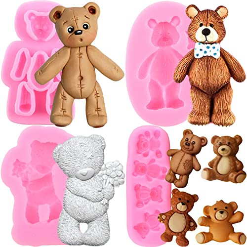 RFGHAC Set di 4 stampi in silicone a forma di orsetto, per cioccolato, caramelle, pasta di gomma, pasta di zucchero, pasta polimerica, decorazione di torte