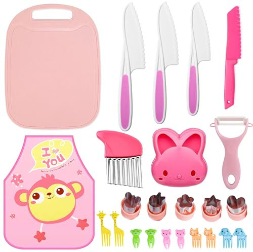 FIRITHYC Kinder-Küchenmesser-Set,Sicherheit Küchenmesser für echtes Kochen,nthalten gezackte Kanten Kunststoff Kleinkind Messer, Schneidebrett, Tier Obst Zahnstocher (Rosa)