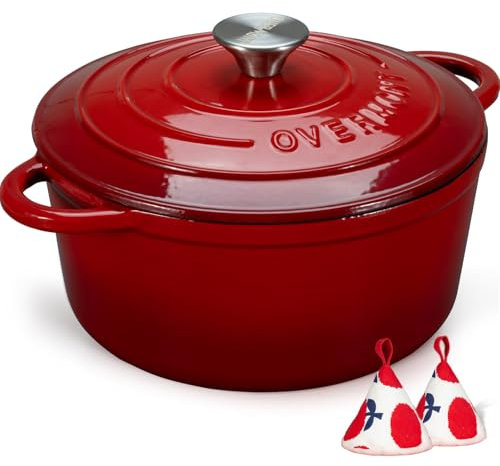 Overmont Casseruola in Ghisa Smaltata - Antiaderente Forno Olandese con Coperchio - Ø24 CM Rotonda Cocotte per Adatto a Piani di Cottura e Forni a Induzione - Rosso