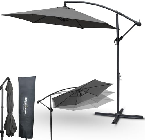 deluxe4home® Sonnenschirm Ø270 cm Anthrazit I Ampelschirm mit Ständer & Schutzcover I Hängeschirm Terrassenschirm Handkurbel I Sonnenschutz