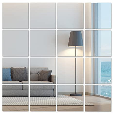 Heilmetz Glas Spiegelfliesen Selbstklebend 15x15 cm, 16 Stück Spiegel zum Kleben, HD DIY Klebespiegel für Wand Deko, Schrank, Badezimmer, Wohnzimmer, Schlafzimmer
