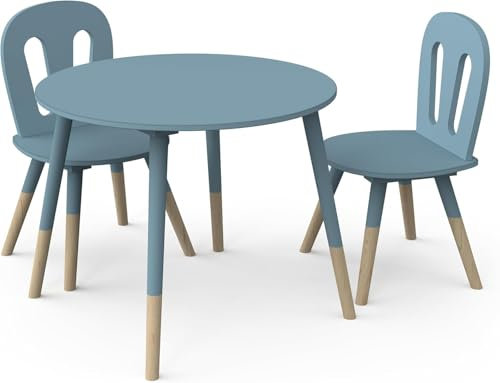 habeig Kindermöbelset Tisch & 2 Stühle Kinderset Sitzhocker Holz weiß Sitzgarnitur Kinder (3er-Set), Kinderzimmer, 60cm (blau)