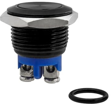 Bestgle Pulsador Momentaneo,Momentaneo 16mm Negro Impermeable IP65 3A 12V/24V/125V/250VAC De Metal Inoxidable Cromado, 2Pines N/O Cabeza Plana