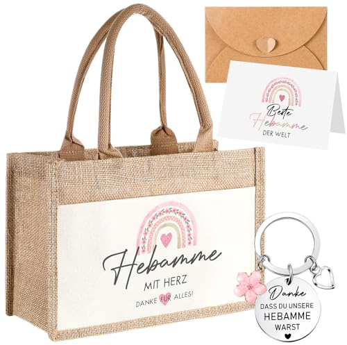 Tenare 4er Set Hebamme mit Herz Dankeschön Geschenk | Jute Handtasche, Metall Schlüsselanhänger mit Gravur Regenbögen, Dankeskarte Umschlag, Abschied Ruhestand, Weihnachten