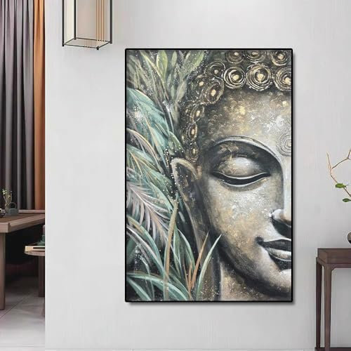 Retro Goldene Meditation Buddha Kopf Ölgemälde Grüne Blätter Leinwand Wand Kunst Malerei Für Wohnkultur 50x70cm ohne Rahmen