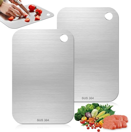 2 Pièces Planche a Decouper en Titane 14,5cmx23,5cm Planche a Decouper Inox Facile à Nettoyer,Antibactérienne et Antifongique Multifonctionnelle Planche en Titane Double pour Viande,Légumes et Fruits