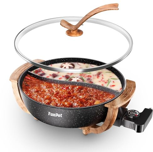 Multi-Temp Electric Hot Pot with Dual Dividers, 1100W Fast Heat & Auto Safety Shut-Off, 6L Family-Size Non-Stick Pot for 4-12 People (Wraparound Wood-grain Handles)