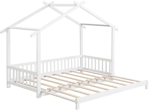 COSTWAY Cama Casa Infantil Extensible 180/95 x 200 cm, Cama Niño Individual y Doble, Cama Casita Blanco, con Barandilla de Seguridad, Estructura de Madera