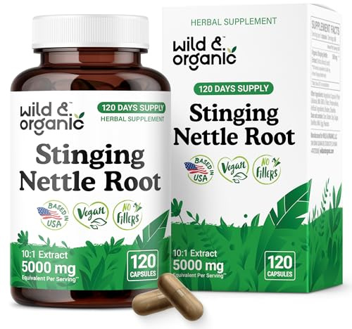 Wild & Organic Stinging Nettle Root Capsules - Urinary Support Supplement for Men & Women - 10:1 Stinging Nettle Root Extract - 120 Vegan Capsules - 120 Days Supply - Gluten-Free, No Fillers