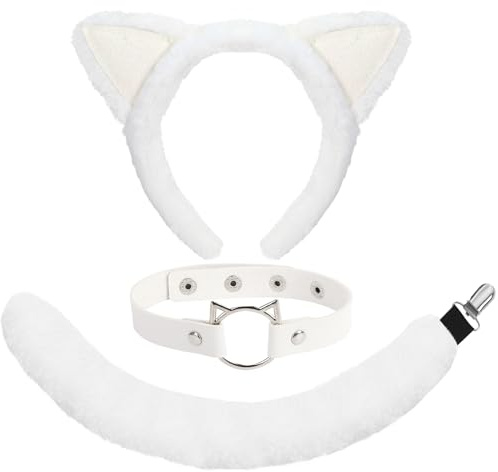 XEPST Djur vit Kattkostym Set, Vita Kattöron och Svans Set Med Kattöron Pannband och Kattsvans Födelsedagsfest Halloween Maskeradfest Tillbehör