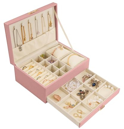 MOSISO Caja de Joyería para Mujeres, Gran Organizador de Joyería Cajón Cajón Almacenamiento Cuero PU con 2 Capas de Pantalla para Pendientes Pulseras Anillos Collares Reloj Titular,Rosa