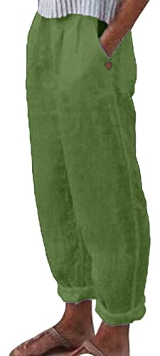 Bastwahl Musselin Hose Damen Lang Leichte Sommerhose - Leinenhose Freizeithose Stretch Baumwolle Elegant Haremshose Luftig Sommer Bequeme Stoffhose Grün M