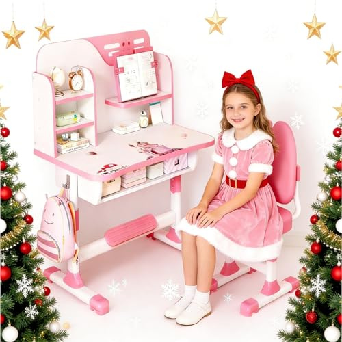 Altsuceser Juego de escritorio y silla de estudio para niños, juego de mesa y silla para niños de altura ajustable con cajón de almacenamiento de gran tamaño, escritorio de estudio ortopédico