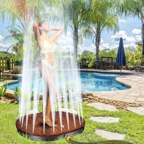 Fiqops Doccia da giardino in WPC da pavimento, 4 m, regolazione in altezza, per pavimento, miscelatore acqua fredda/calda, impermeabile, con custodia per il trasporto, fino a 300 kg, giardino/piscina
