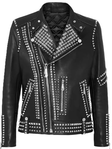 Men's Brando Punk Rock Metal Studded Black Leather Jacket- Gothic Fashion Motorcycle Style Fashion Zipper (US, Alpha, XX-Small, Regular, Regular, Black)
