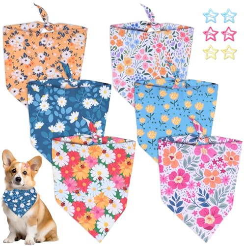 YiiHHooN Bandana Chien, 6 Bandanas pour Chiens et 6 Barrettes en Forme D'étoile, Triangulaires Foulard Collier Bandana Chien Chats pour Petits Chiens et Chats de Taille Moyenne