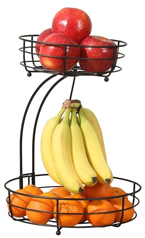 Gibson Home Harvest Season Two-Tier Fruit Basket with Banana Hanger – Black Metal Countertop Produce Stand – Kitchen Storage Organizer for Apples, Oranges, Bananas – Durable Iron Wire Frame
