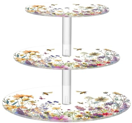 Blueangle 3-Tier Round Cupcake Stand – Herbs and Wild Flowers Acrylic Dessert Tower, Non-Slip Tiered Dessert Stand for Baby Shower, Birthday, Wedding Party （448）