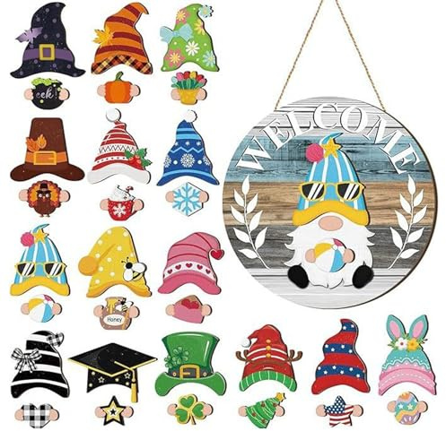 susiodeu GNOME Panneau de Bienvenue Décor de Noël 30 bûches Remplacement Robuste et sûr Décorations GNOME d'hiver interchangeables en matériaux en Bois Panneau Bienvenue Interchangeable, tapez+2