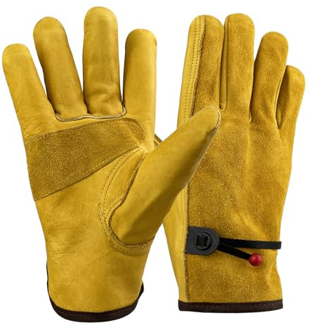 CHALVIOR Guantes de Trabajo de Cuero Para Hombres y Mujeres, Fabricados en piel de vacuno, Resistentes y duraderos, Resistentes a los pinchazos, para Trabajos de jardinería, Amarillo M