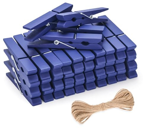 jijAcraft Mollette da bucato in legno blu scuro, 7 cm, grandi mollette in legno per foto, 50 mollette per foto con filo di iuta da 10 m, per decorazione della cameretta dei bambini, accenti scandinavi