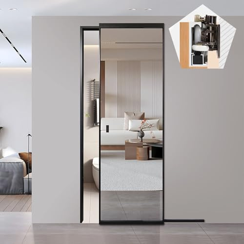 Schiebetür Komplettset Verdeckte Schiebetürbeschläge mit Spiegel, Schienenlose Schiebetür mit Soft-Close-Mechanismus, Schiene für Kleiderschranktüren (81–180 cm Lang)(81cm/32in)