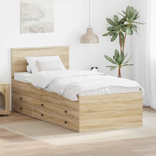 ACAGALA Einzelbett mit 6X Schubladen 100x200 cm, Kojenbett mit Stauraum, Tagesbett Bettrahmen mit Lattenrost und Kopfteil, Platzsparendes Jugendzimmer, Sonoma Eiche