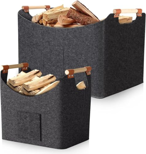 Rurbeder Cesta para Leña 2 Unidades, de fieltro Fieltro extra grueso y asa reforzada, plegable Bolsa, con bolsillo frontal, 67L & 96L, 50×32×40 cm 60×40×40 cm, Guardar Periódicos la Chimenea