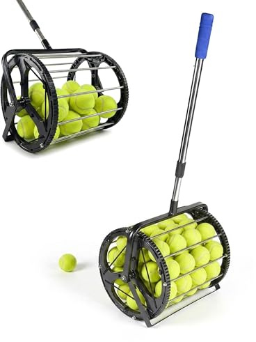 Relaxdays Raccoglitore per Palline da Tennis, 106x29x27 cm, Metallo, Manico telescopico, Ruote, Nero/Argento