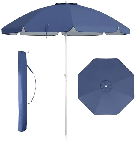 COSTWAY Ombrellone da Spiaggia 198 cm, Ombrello Parasole da Esterno con Palo Inclinabile in Alluminio, Ombrellone Portatile con Borsa di Trasporto, Anti UV 50+, 8 Stecche (Blu Scuro)