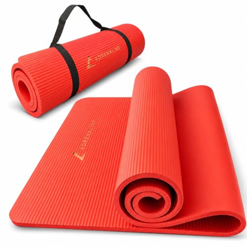 ADRENALINE Tappetino Yoga in NBR ad Alta Densità, Rosso, Antiscivolo, 173 x 61 x 1 cm, con Cinghia di Trasporto