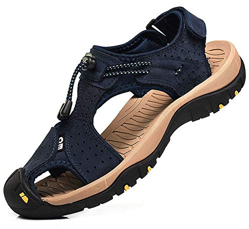 rismart Men's Closed-Toe Hook&Loop Outdoor Hiking Leather Shoes Sandals SN1505(Navy Blue,12 UK)