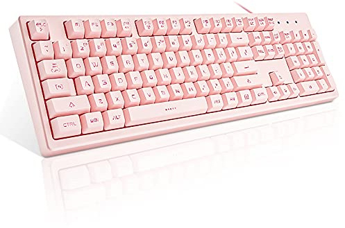 Basaltech Pink Keyboard with 7-Colors LED Backlit, 104 Keys Silent Creamy Wired USB Keyboard, Double Shot Keycaps Light Up Keyboard for Computer, Mac, Laptop