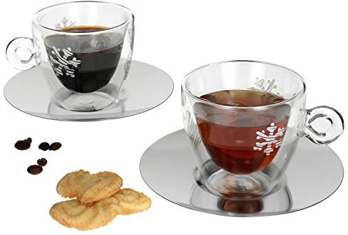 Luigi Bormioli 4-TLG. Teeglas Set I Weihnachten I 165 ml I Doppelwandige Glastasse + Edelstahl-Untersetzer I Thermo-Glas I Espresso, Mokka & Macchiato