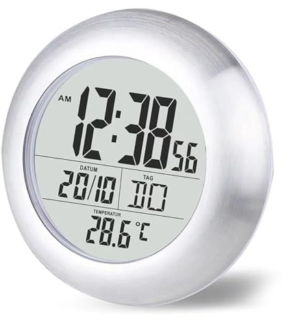 Digital Bathroom Shower Wall Clock, Waterproof Spray, Moisture Proof Meter, Moisture Proof, Large Screen Display, Calendar Month and Date, [4 Strong Suction Cups] Hanging Hole Silver Frame