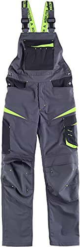 Teamwork Workteam Pantalones con Peto de Trabajo. Tejido Canvas (Extremadamente Resistente y Duradero). Tirantes con elástico y Hebillas automáticas. Unisex Gris Oscuro+Negro+Verde Lima L