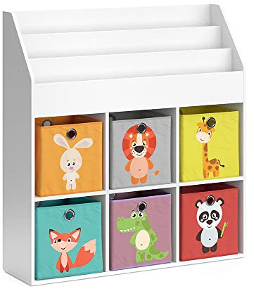 Vicco Kinderregal Weiß Luigi mit 6 Faltboxen Opt.1-107x114x31 cm gefertigt aus Spanplatte - Bücherregal für Kinder, kompakte Organisation für Spielzeug und Bücher