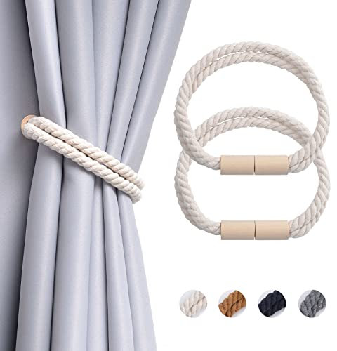 Pretty Jolly 2 Stück Magnetische Vorhang Raffhalter aus Holz, Boho-Dekoration, Raffhalter, handgefertigt, doppeltes Baumwollseil, Vorhanghalter für Zuhause und Büro, Fenstervorhänge (Beige)