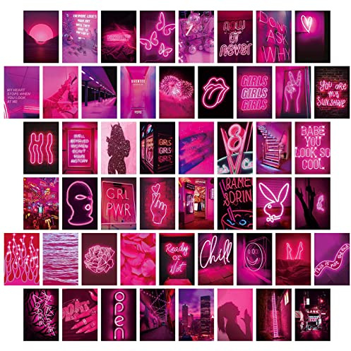 jiuzcare Tarjetas Decorativas de Papel, Set de 50 Postales Decorativas Estilo Rosa Neón Urbano Aesthetic para Decoración de Pared, Habitación, Dormitorio y Collage de Pared, Decoración Neón Rosa