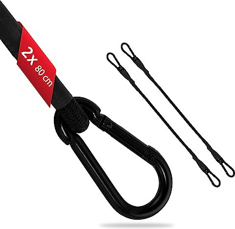 ECENCE 2er Set Spanngummi mit Karabiner aus Edelstahl, Expander mit Haken 80cm in Schwarz Latex Spanngurte, Gepäckspanner für Fahrrad, Auto, Gepäck, Ladung