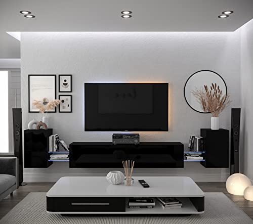 Furnitech Wohnwand Wohnzimmer | Wohnzimmer Möbel mit LED Weiß | Hängend Wohnwand Modern | Wohnzimmer Schrankwand mit Regale und TV Schrank (AN103-21B-HG1-1C)