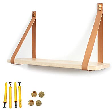 2 Stück dekorative Regalhalterungen für die Wand, Lederband zum Aufhängen, mit Brettern, Schrauben und Dübeln, einfache Installation, schwimmende Regalhalterungen belastbar 40 kg, rutschfest (braun,