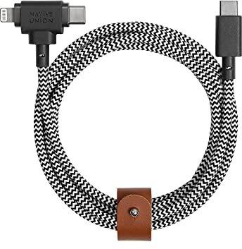Native Union Belt Cable Duo – 1,5 m Universal-Ladekabel mit Ultra-Starkem Geflechtschlauch – Aus Recyceltem Material – 2-in-1 MFi-zertifizierte Stecker für Lightning- & Type-C-Geräte (Zebra)