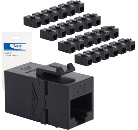 ICC CAT6A RJ45 Inline Keystone Couplers, 8P8C Female-to-Female Jacks, Feed-Through PCB Modules for Wall Plates & Patch Panels, UL Listed, Black, 25-Pack